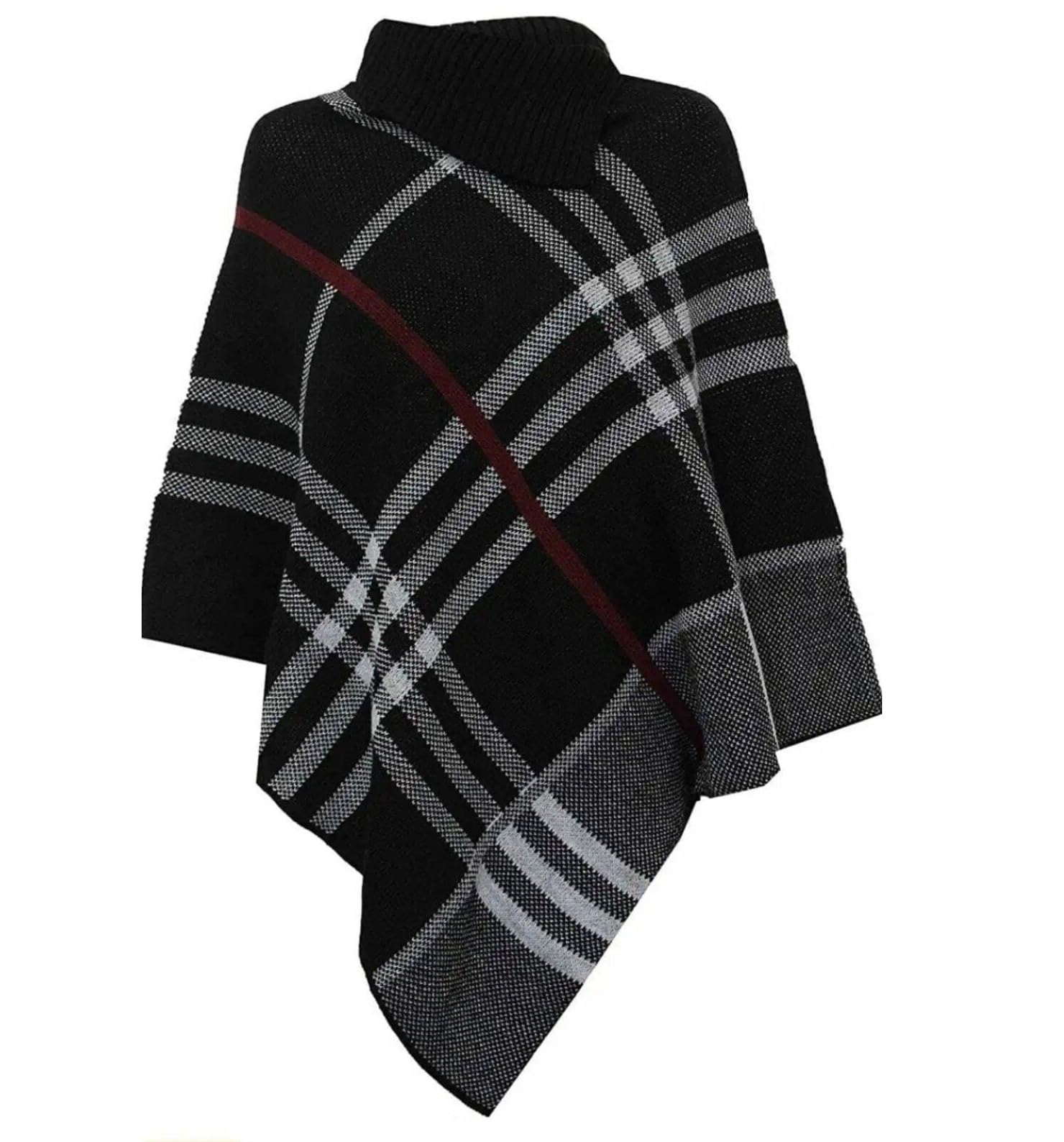Luxe Diva Women's Black Check Printed Stretch Knitted Collared Cape Wrap Shawl Jumper Poncho Top 8-26
