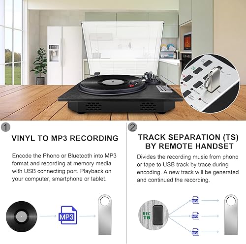 Miniatura 5 de BIGMONAT Tocadiscos de vinilo, tocadiscos de 3 velocidades con Bluetooth incorporados, reproductor de discos de vinilo USB de grabación directa MP3,