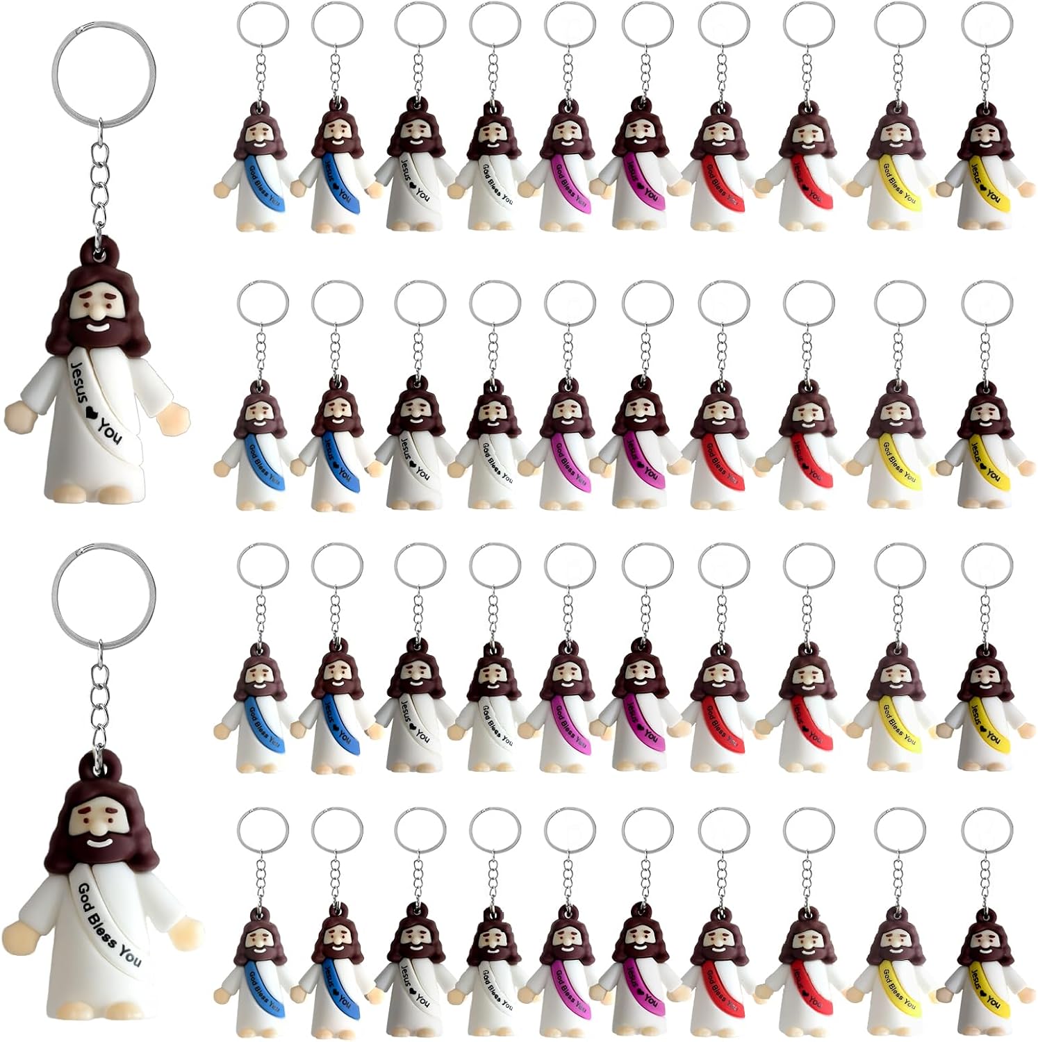 100 Pcs Multi-Colors Little Jesus Figurines Toys Keychains, Christian Mini Jesus Figures Ornaments Printed With Jesus Love You For Hide and Seek Religious Party Favors, Sunday School Baptism Giveaways