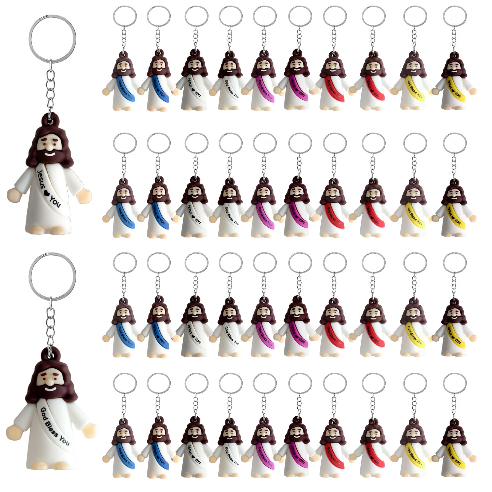 Photo 1 of 100 Pcs Multi-Colors Little Jesus Figurines Toys Keychains, Christian Mini Jesus Figures Ornaments Printed With Jesus Love You For Hide and Seek Religious Party Favors, Sunday School Baptism Giveaways
