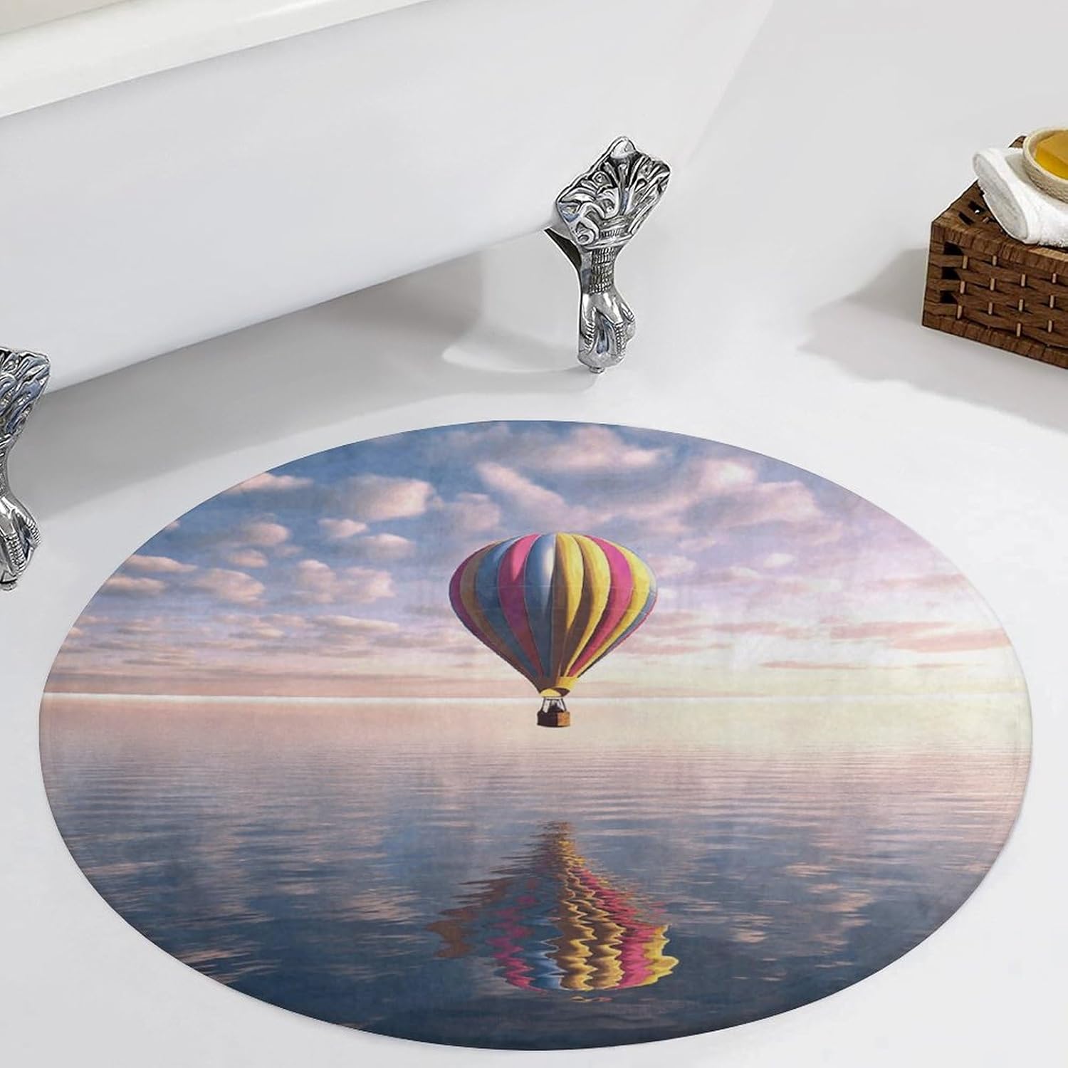 Hot Air Balloon Over The Sea Rug Round 90 * 90cm Area Room Rugs Coral Velvet Door Mats with Rubber Backing Non Slip Bathtubs Floor Mat Stylish Bathroom Rug Washable Carpet for Playroom