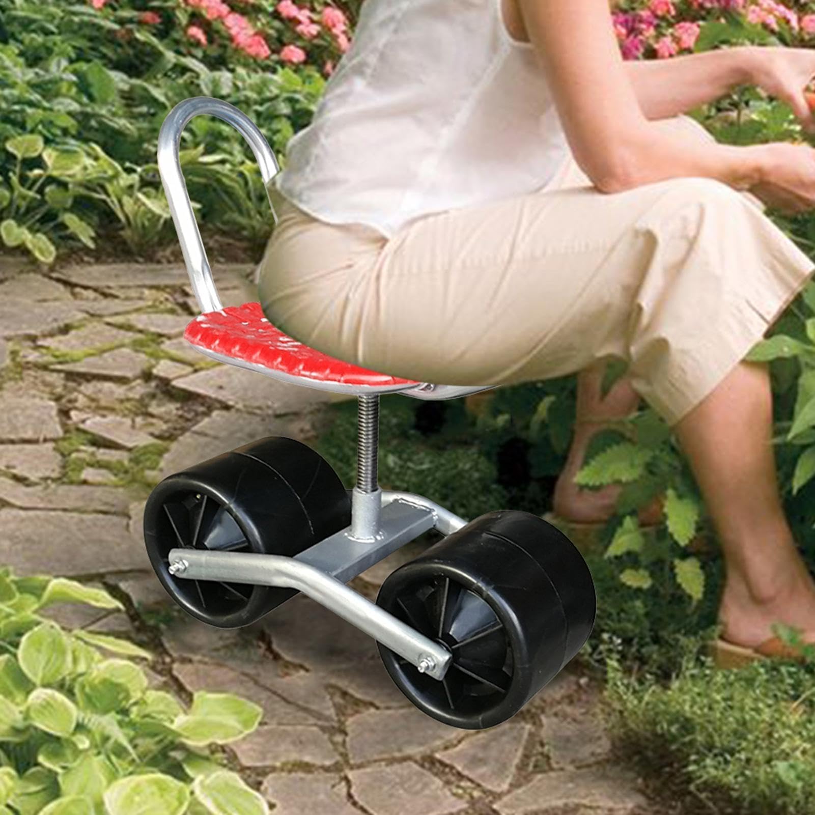 Regulowany wąski wózek ogrodowy i siedzisko na kółkach, obrotowe krzesło ogrodowe i klęcznik z kółkami dla łatwej mobilności, ergonomiczna konstrukcja dla wygodnego ogrodnictwa