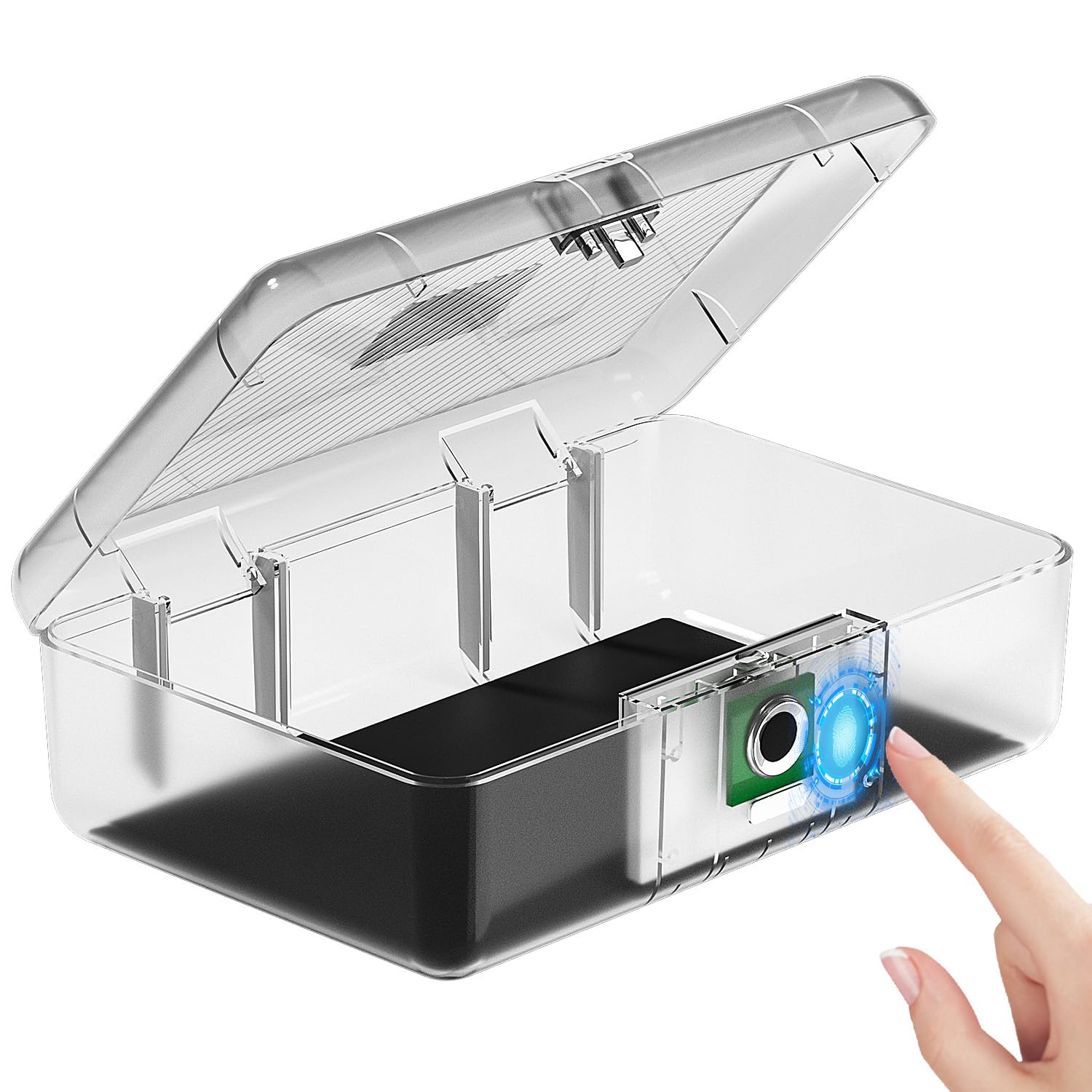 AICase Safe mit biometrischer Fingerabdruckerkennung für Reisen und Zuhause, Tragbare Sicherheitsbox mit Fingerabdruck und Morsecode, Geldkassette, Sicherheitssafe, Tresorfach, Klar