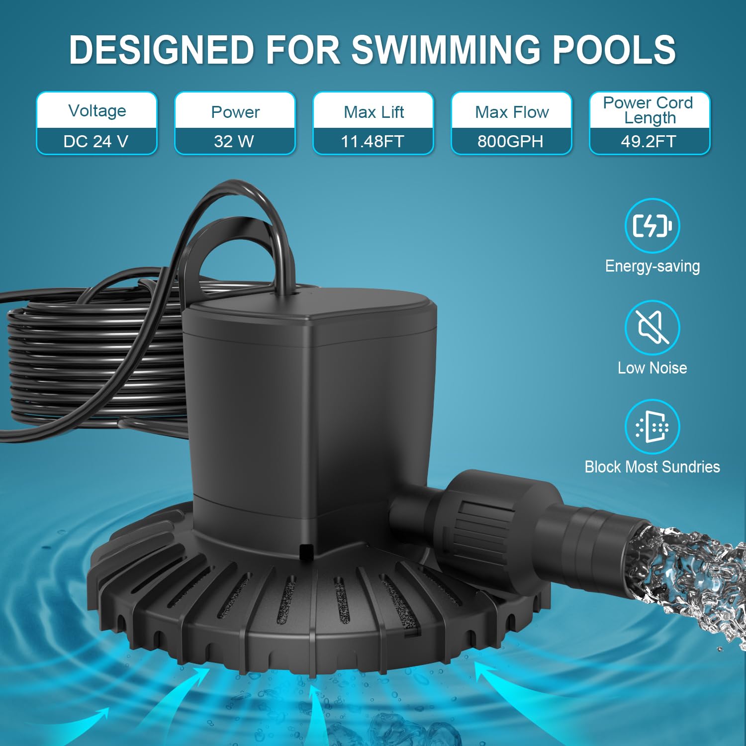 GAIZERL Pool Cover Pump, Automatic On Off Swimming Pool Cover Pump with 49ft Power Cord, Submersible 2400L/H Water Removal Pump with 1â€? Garden Hose Adapter for Pool, Tubs, Rooftops, and Water Beds