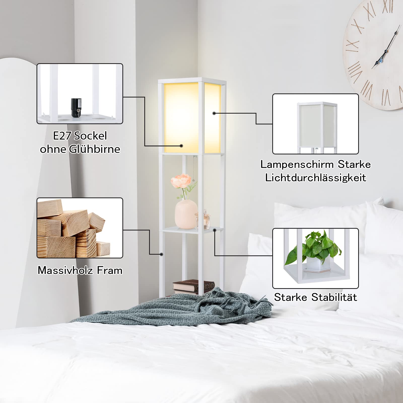 Fullwatt Stehlampe mit Holzregal Innenbeleuchtung Holz Stehleuchte mit Regalen für Schlafzimmer und Wohnzimmer weiß