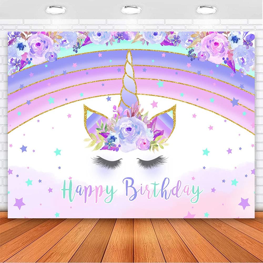 Avezano 7x5ft Rainbow Unicorn Backdrop Floral Stars Unicorn Birthday Banner Vinyl Lavender Unicorn Birthday Party Backdrops Supplies Decorations