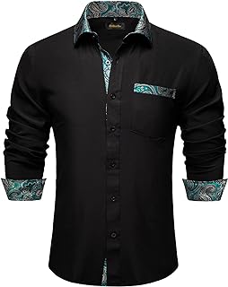 Mens Long Sleeve Dress Shirt Casual Cotton Button Down Shirts with Pocket Business Inner Contrast Shirt - Buy now