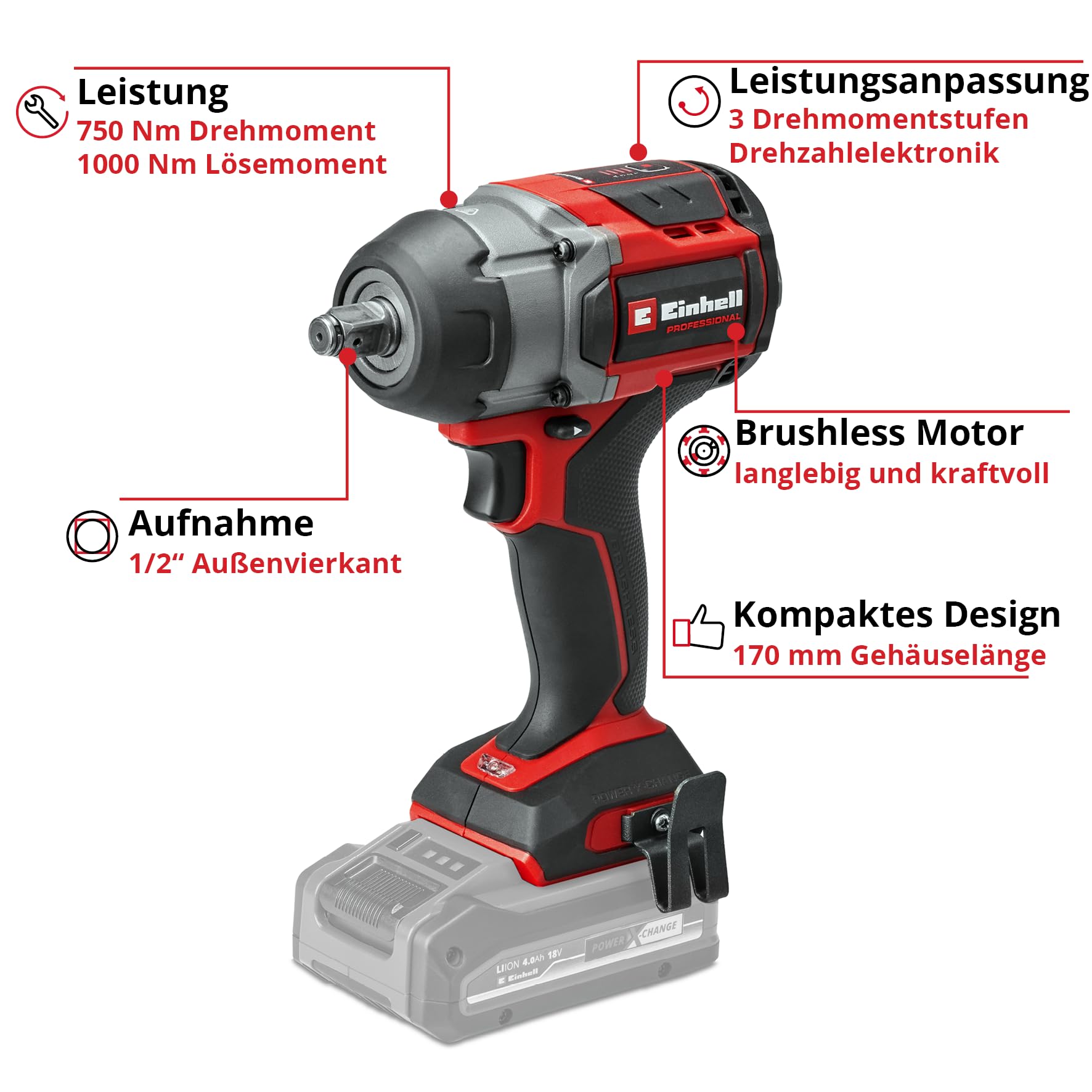 Einhell Professional Akku-Schlagschrauber TP-CW 18/750-C Li BL-Solo PXC (18 V, 750 Nm Drehmoment, Auto-Stop-Stufe, Brushless, Außenvierkant-Aufnahme, ohne Akku)
