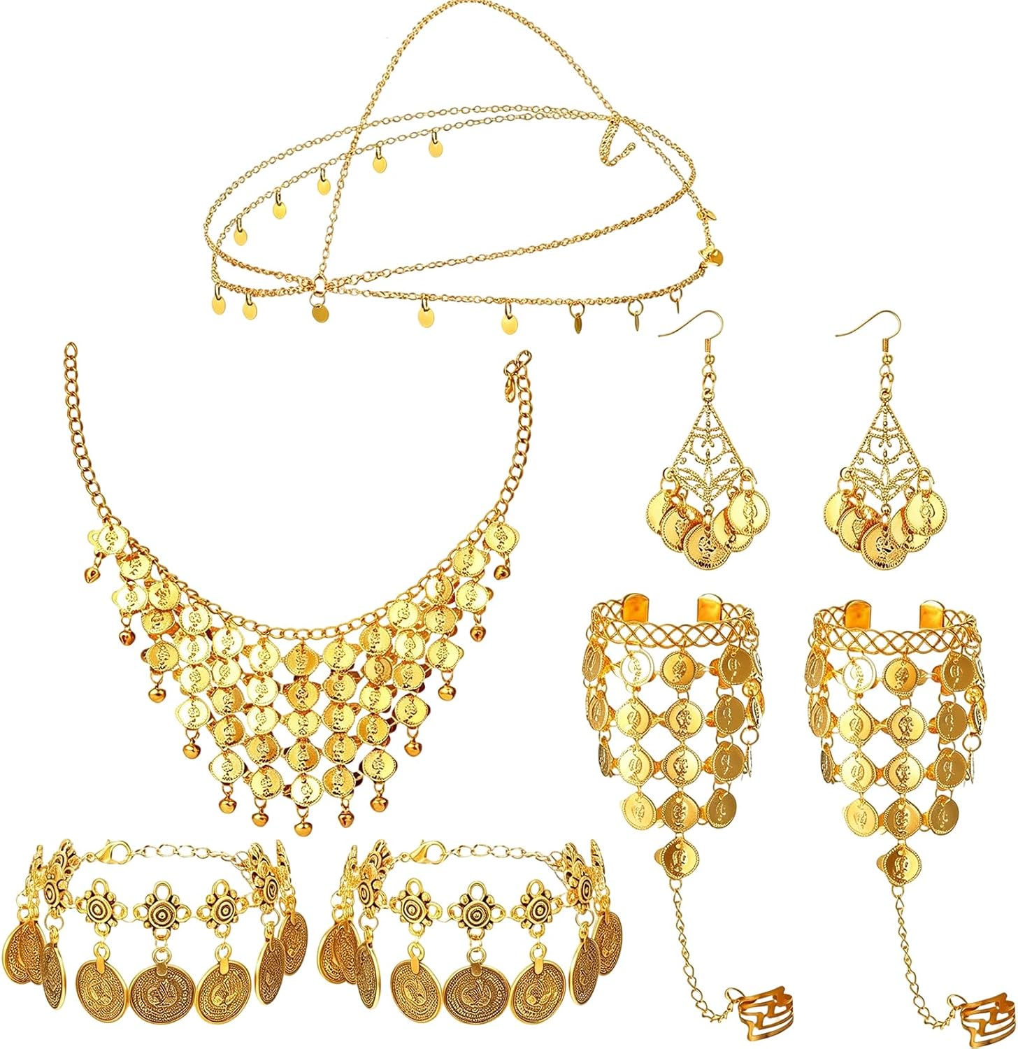 Gold Coin Belly Dance Jewelry Set, 5Pcs Tassel Swing Chain Kit