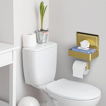 Brushed Gold Toilet Paper Holder Wall Mounted with Shelf & Wipes Storage Stainless Steel SUS304 Modern Toilet Tissue Roll Holder for Bathroom, Kitchen Adhesive and Screw Installation