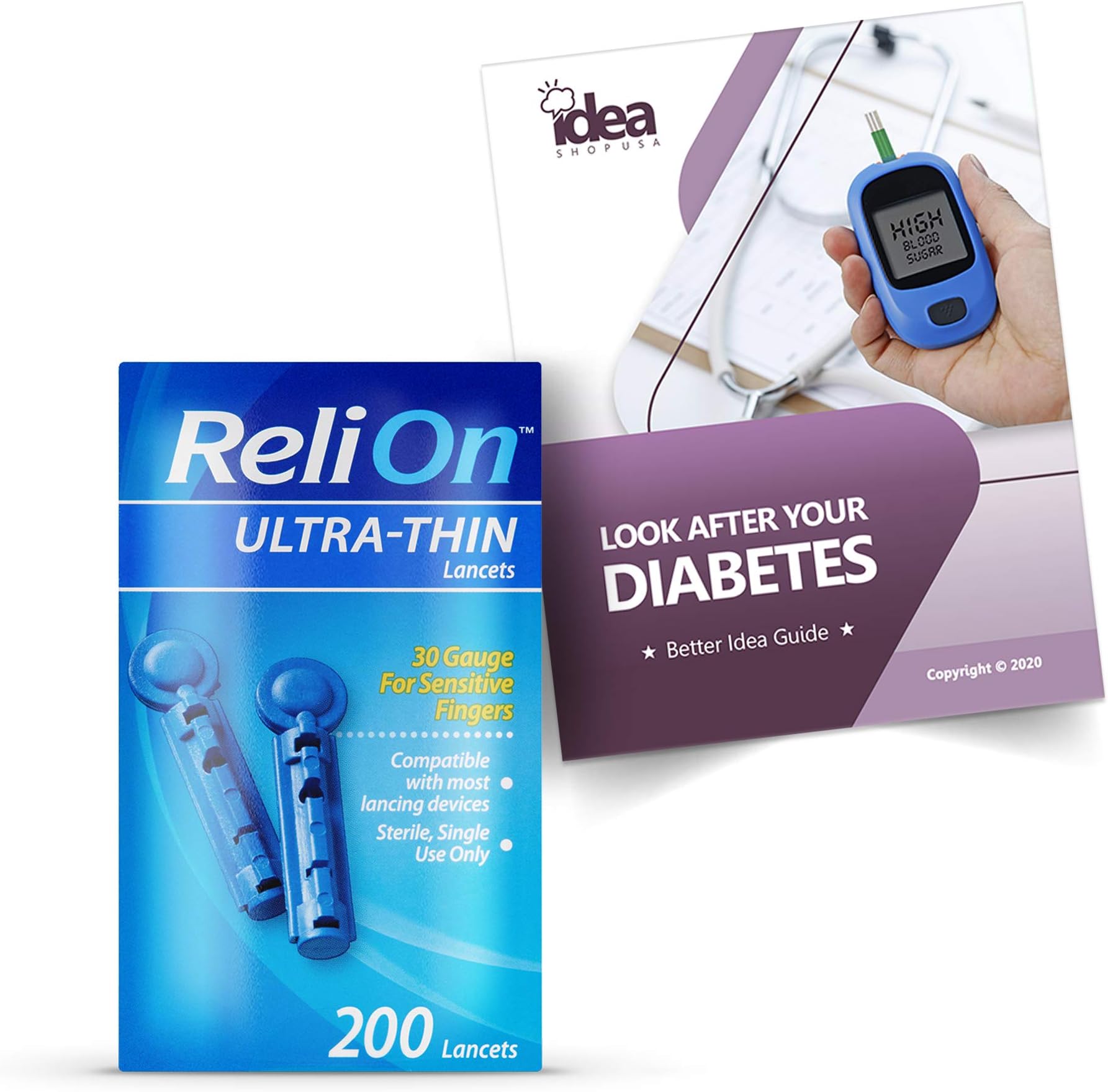 ReliOn Ultra-Thin Lancets, 30-Gauge, 200 Ct, for Sensitive Fingers +"Look After Your Diabetes" - Better Idea Guide (1 Pack)