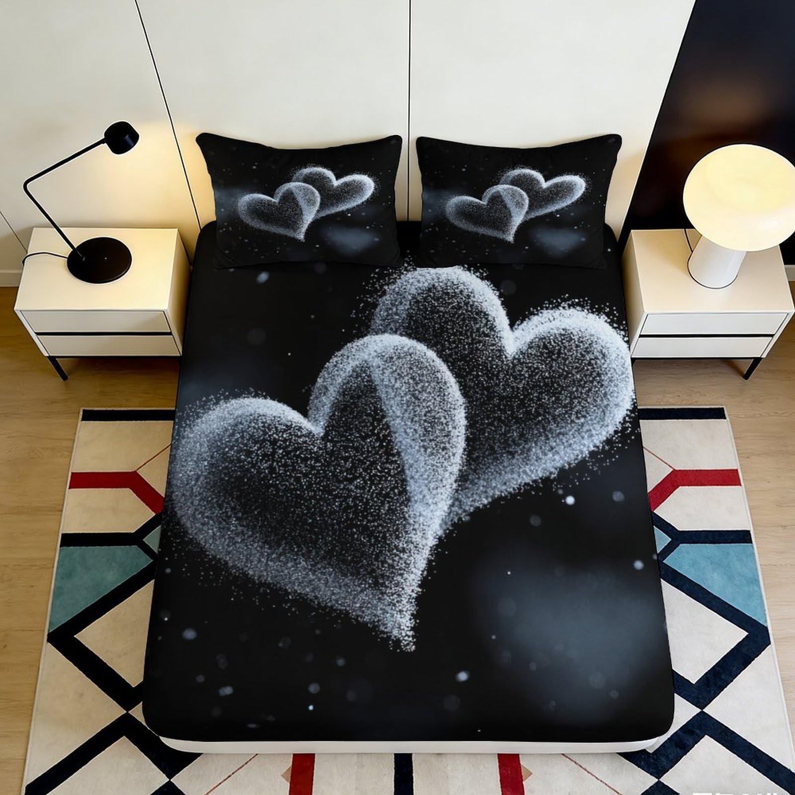 3D Printed Romantic Heart Fitted Sheet Microfiber Black White Bed Cover for Bedroom Guest Room Easy Care 90x200x25cm