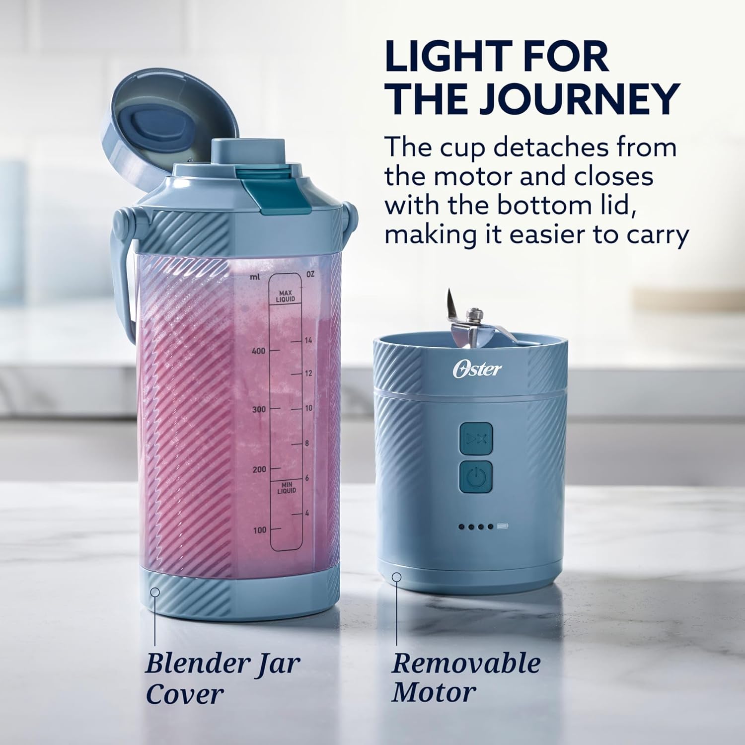 Oster – GoMax 20oz Portable Blender, Anti-Jam Reversible Blade, Detachable Travel Cup - Blue