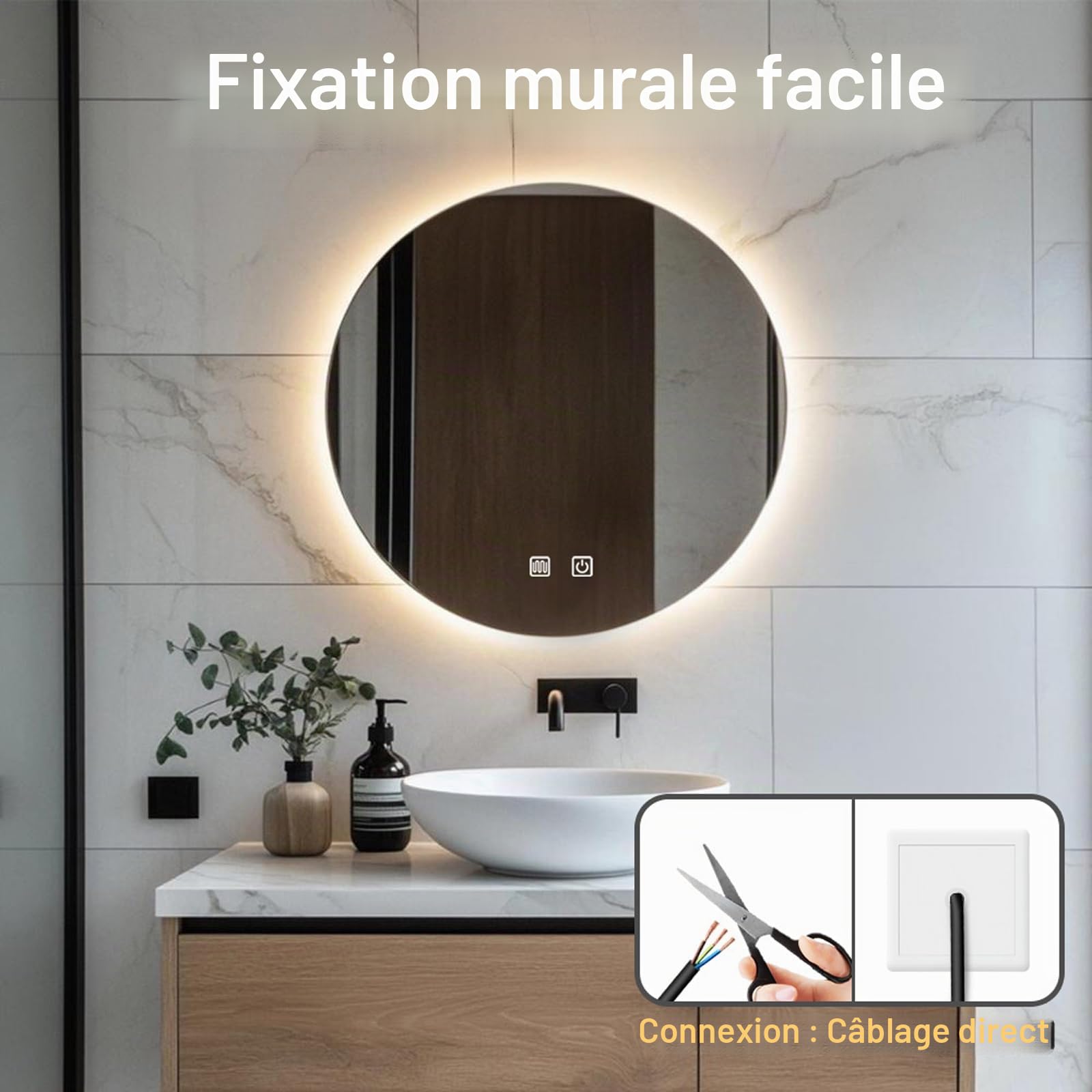 Miroir LED lavabo 80 cm rond Lumière rétroéclairée rasage douche Fixation murale sans buée Intensité variable 3 couleurs IP54