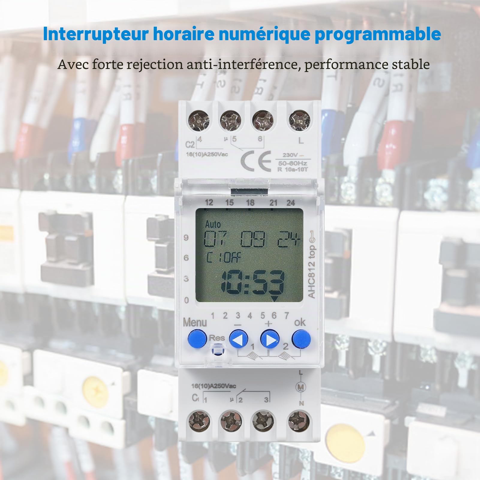 Minuteur programmable 2 canaux AHC812 230 V 16 A Programme hebdomadaire Minuterie numérique Montage sur rail DIN