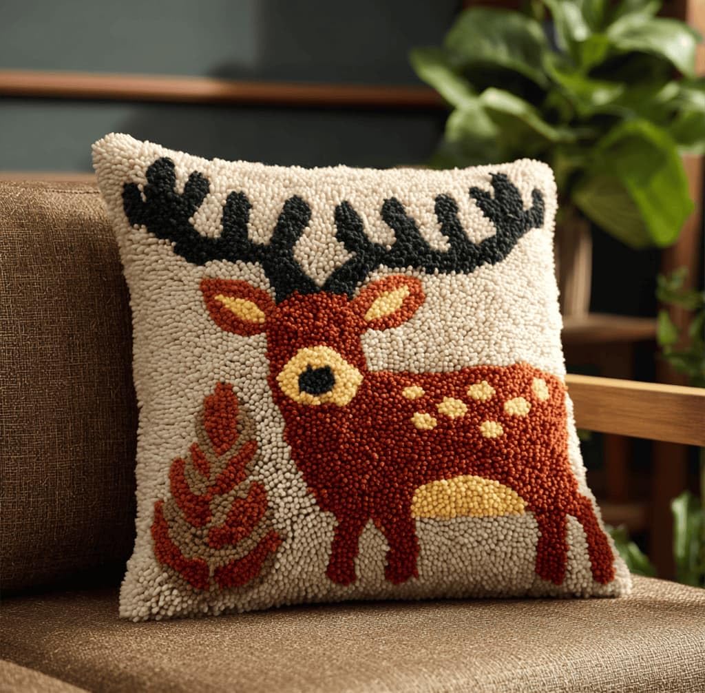 Kitquiver Latch Hook Cushion Kit,Elk DIY Throw Pillow Cover 43X43Cm