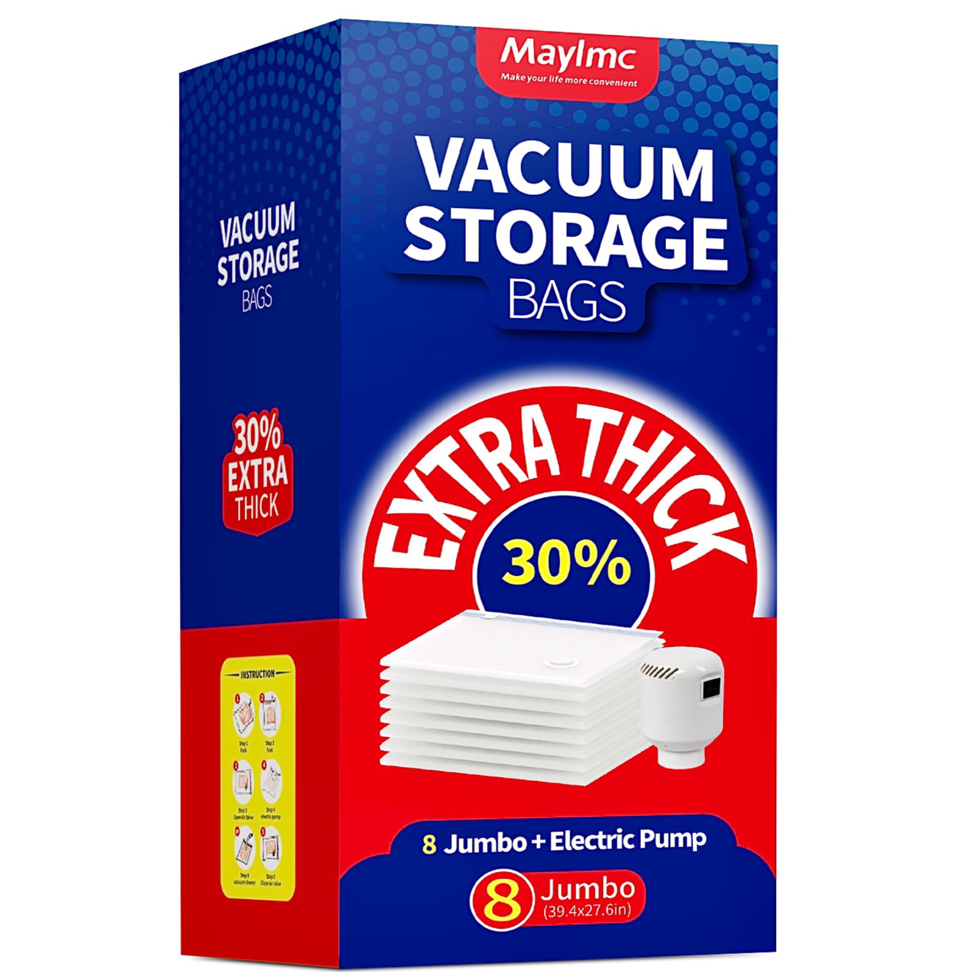 8 Pack Upgraded HEAVY DUTY Jumbo Vacuum Storage Bags with Electric Pump, Space Saver Vacuum Storage Bags for Clothes Storage, Vacuum Sealed Bags for Clothing Storage.