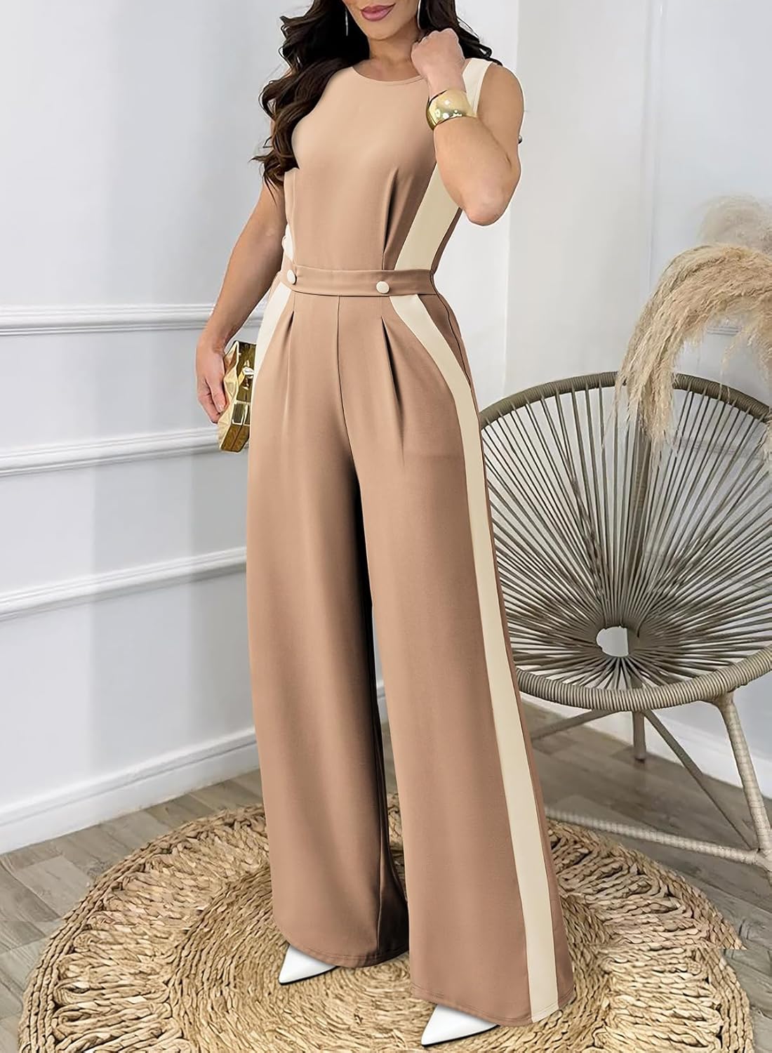 Pink Queen Jumpsuits for Women Dressy Colorblock Sleeveless Wide Leg Rompers Summer Party Elegant Outfits - Image 3