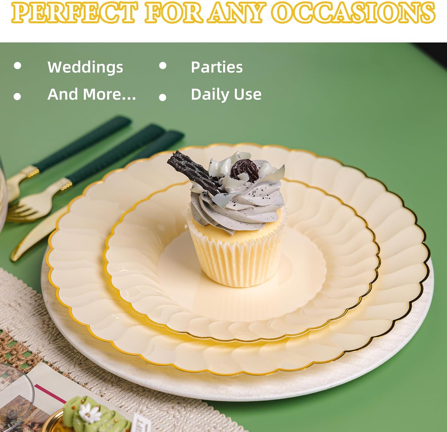 Lullaby 60PCS Light Yellow Scalloped Plastic Plates, Disposable Elegant Plates Include 30pcs Dinner Plate 10.25", 30pcs Plastic Dessert Plate 7.5", Perfect for Wedding and Party - Image 5