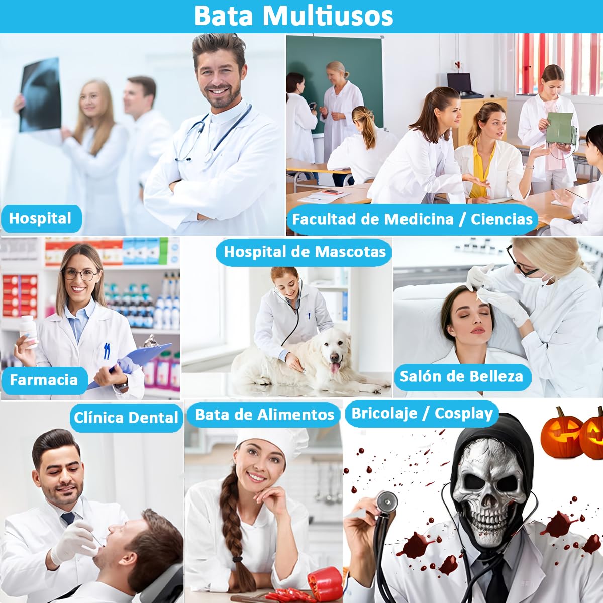 Bata Blanca Laboratorio Algodón Manga Larga con Botón Mujer Hombre