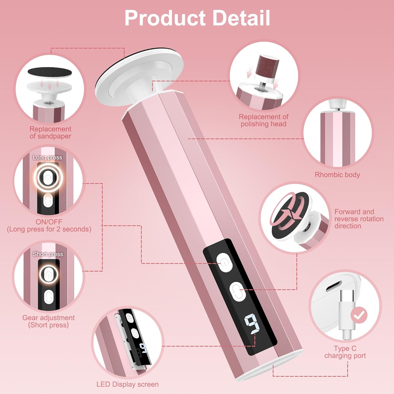 Electric Foot Callus Remover, 2 in 1 Rechargeable Foot File for Feet & Nails, 9 Speed Controller Callus Remover with Replaceable Sandpaper, Cordless Pedicure Tools for Dead Skin Calluses (PinkWhite)