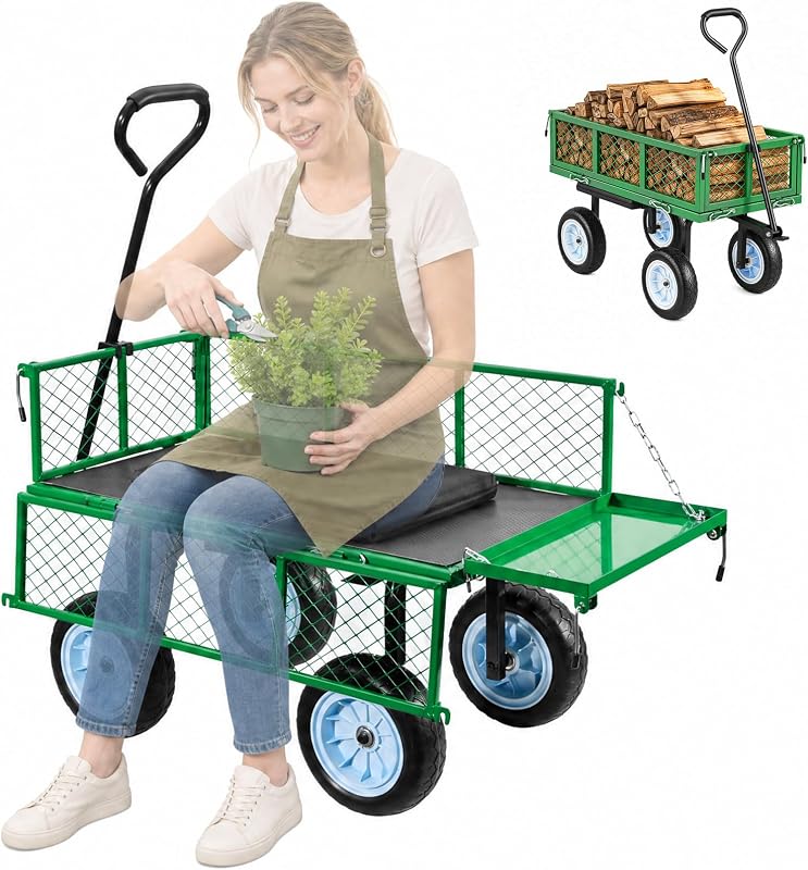 VEVOR Carro de jardín de acero de 500 libras con asiento de trabajo, carro de jardín resistente con ruedas, taburete de jardinería de metal para exteriores con neumáticos planos de 10 pulgadas y mango ajustable, verde