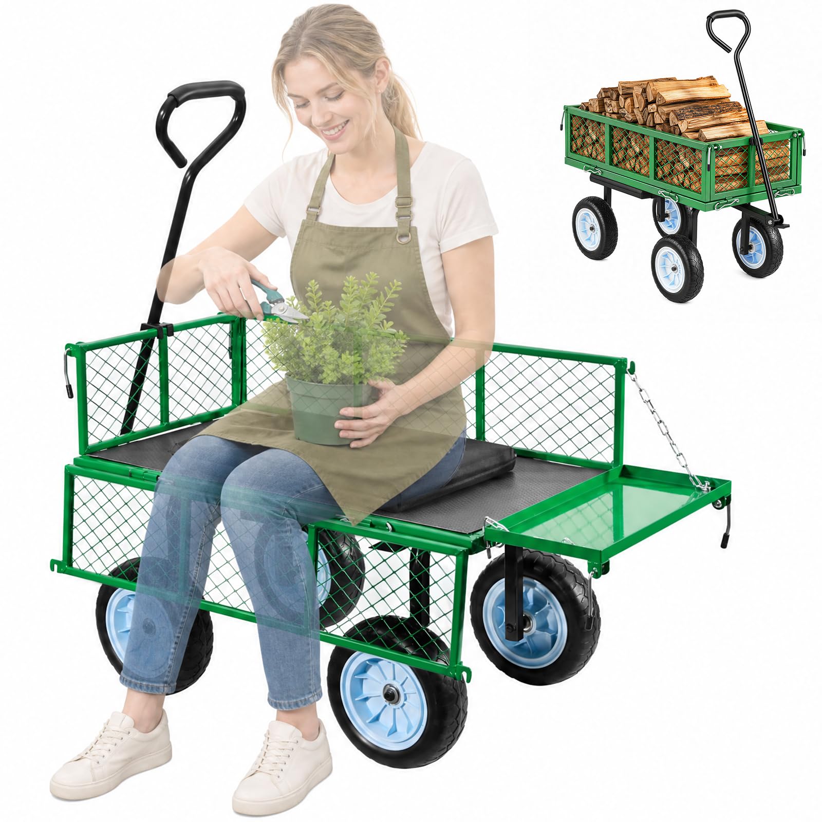VEVOR Garden Cart with Seat, 500 LBS, Rolling Steel Garden Work Seat with Wheels, Heavy Duty Gardening Stool, with Tool Tray &amp; Adjustable Handle, Outdoor Yard Wagon, for Lawn, Patio, Backyard, Green