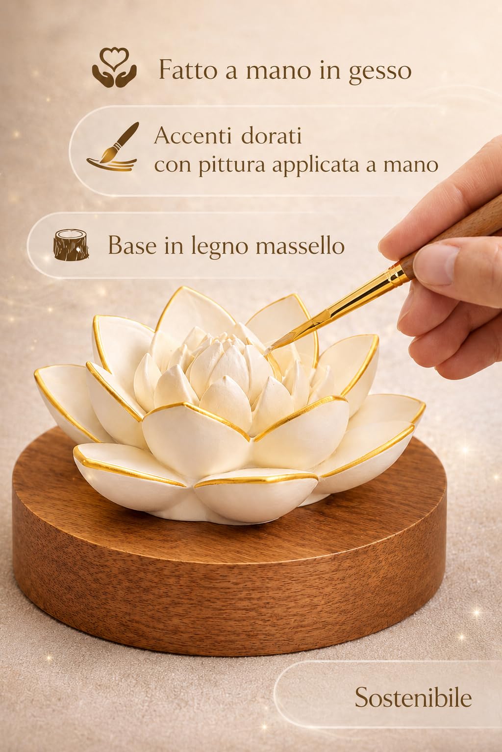 Lotus Aroma Diffusore – Pietra profumata fatta a mano in gesso con base in legno | Aromaterapia naturale senza elettricità | Include olio profumato Amber Serenity da 10 ml