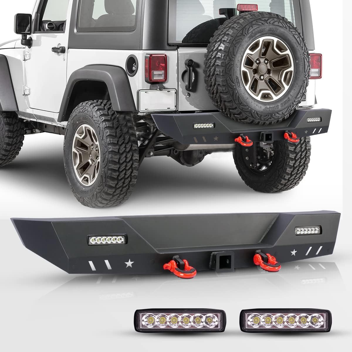 JK Rear Bumper for Jeep 2007-2018 Wrangler JK/JKU Unlimited Rubicon Sport 4WD 2WD, HAWKLEY Full Width Bumper with 2x LED Lights & Hitch Receiver & 2x D-rings, Offroad Rock Crawler Bumper