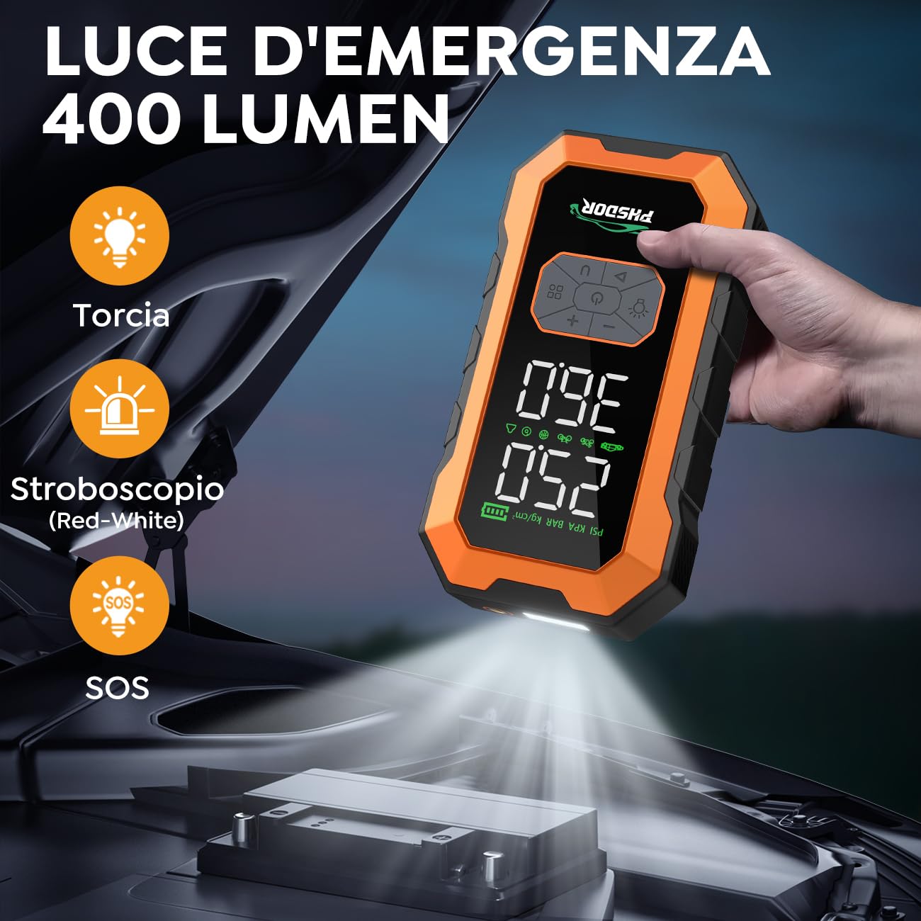 Avviatore Batteria Auto con Compressore 150PSI, 8000A 25000mAh Booster Avviamento Auto (Tutti Gas/10.0L Diesel), Avviatore Emergenza Starter Batteria con Torcia a LED (Arancione)
