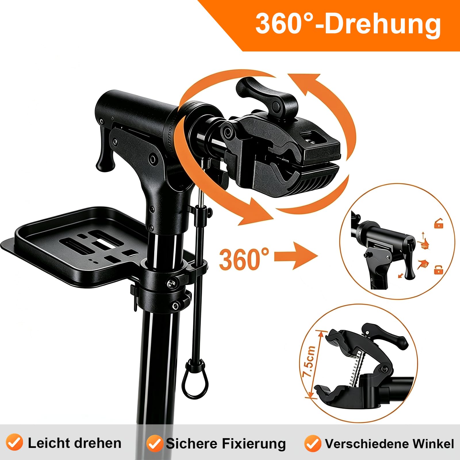 TEOV Fahrrad Montageständer Aluminium, Belastbarkeit 50kg & 360° drehbar, 100-160cm höhenverstellbar, klappbarer Profi-Reparaturständer mit Werkzeugtasche für Ø 2.5~5 cm E-Bike Mountainbike Citybike