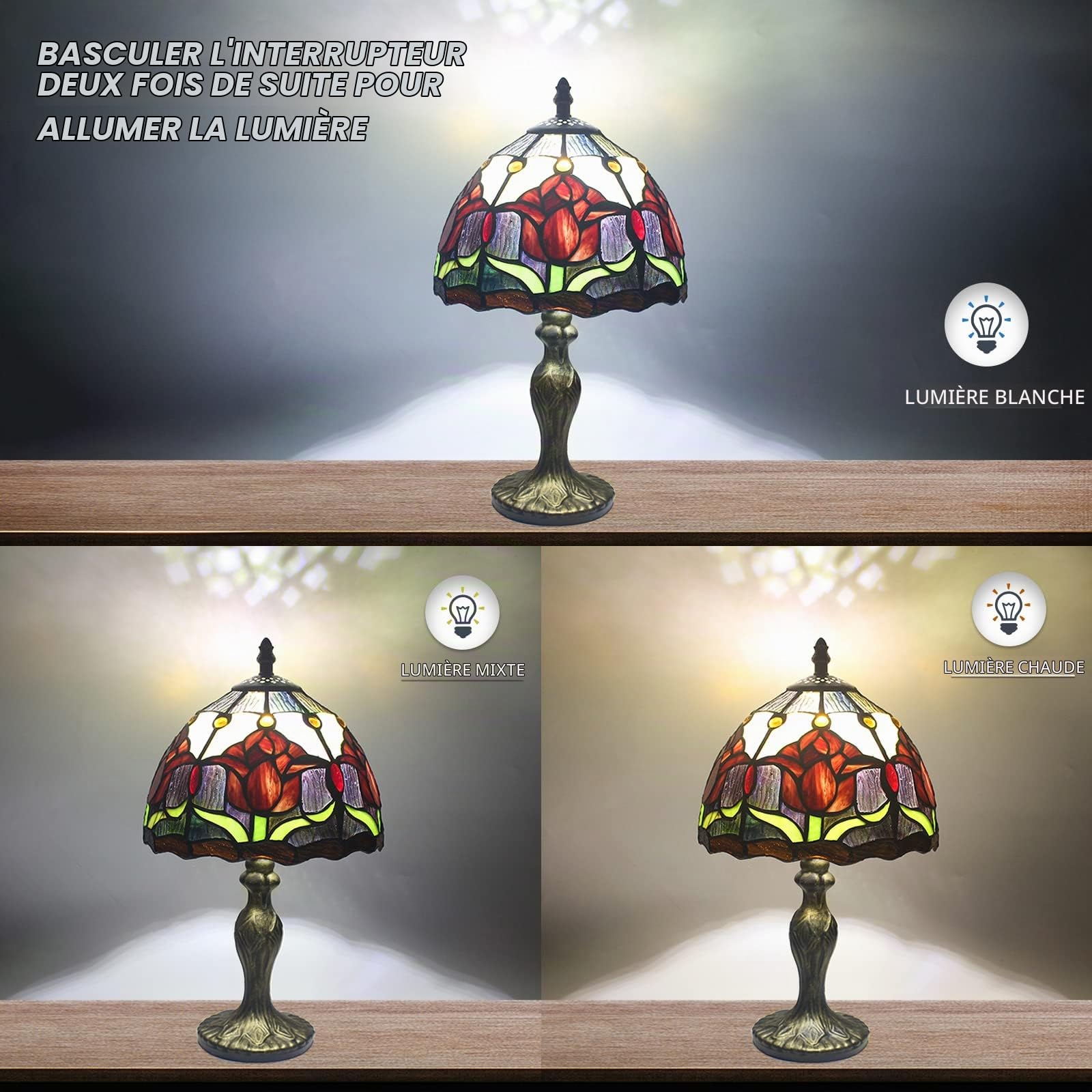 Stained Glass Lamp Vintage, Art Déco Convient(Tulipes Rouges)