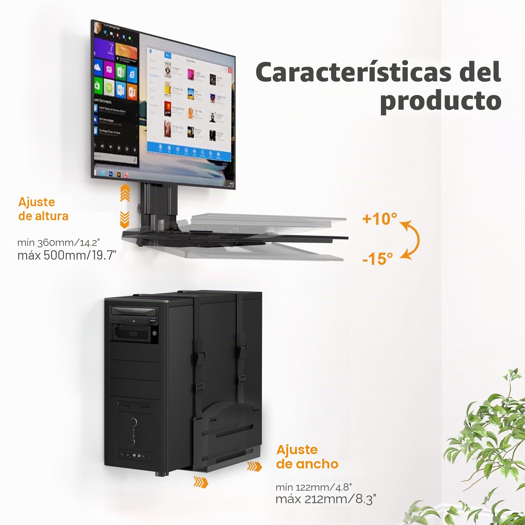 Soporte de pared para monitor y teclado con soporte de CPU para monitores de 32 pulgadas (55 libras máximo), bandeja de teclado (carga de 4.4 libras) y soporte de CPU (capacidad de 22 libras), altura