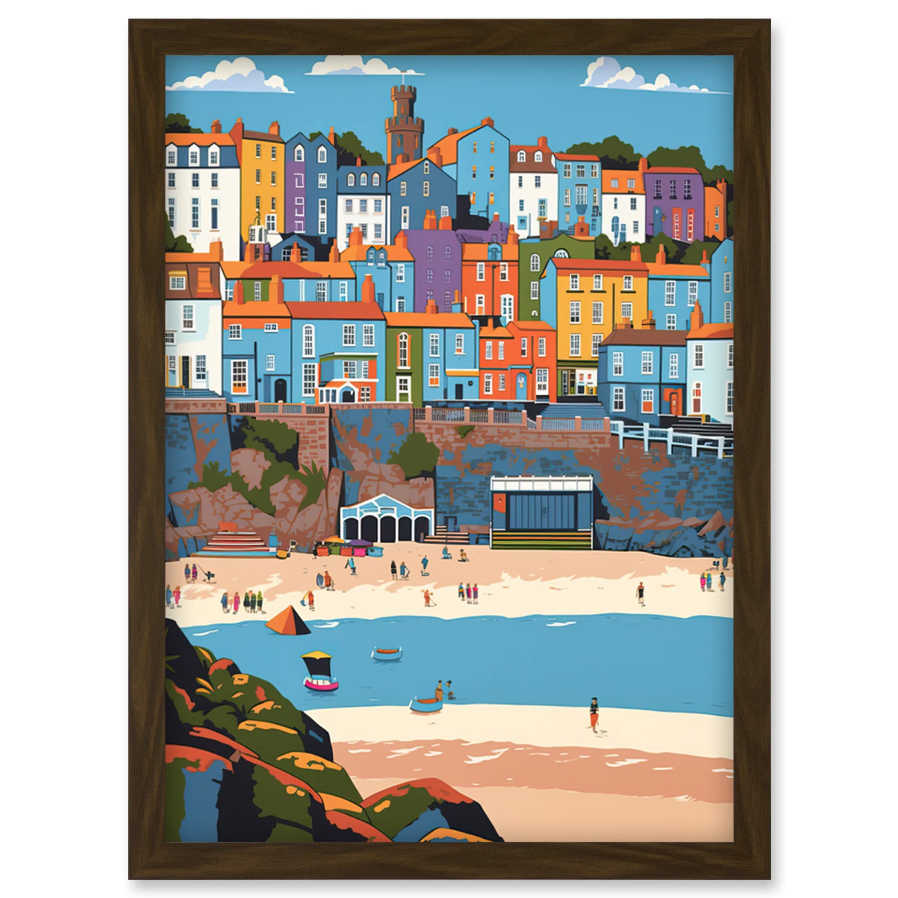 Artery8 Tenby Castle Beach in Wales Colourful Townscape Artwork Framed Wall Art Print A4