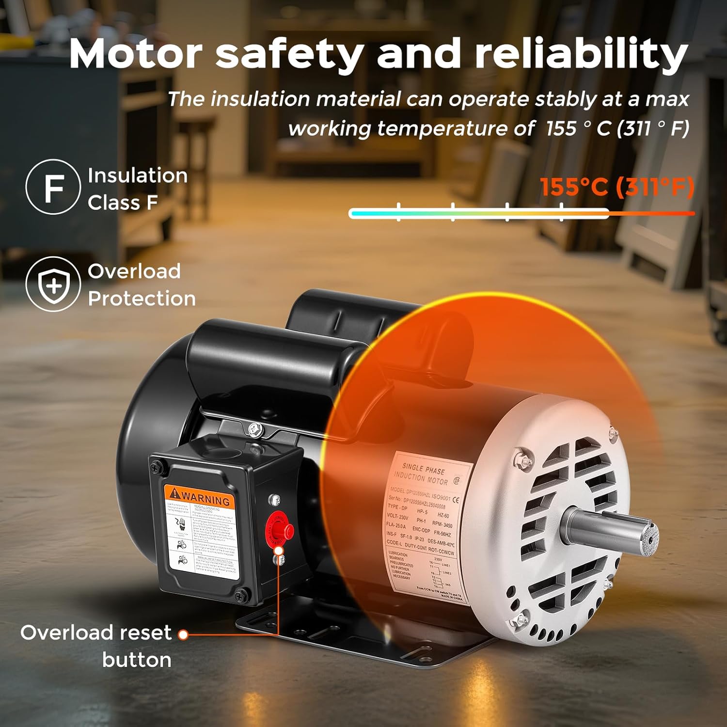 Bonvoisin 5HP Air Compressor Motor 56HZ Frame 3450RPM Single Phase Electric Motor, 7/8" Keyed Shaft, 2.25" Shaft Length, CCW/CW Rotation, 230V, 25 Amps