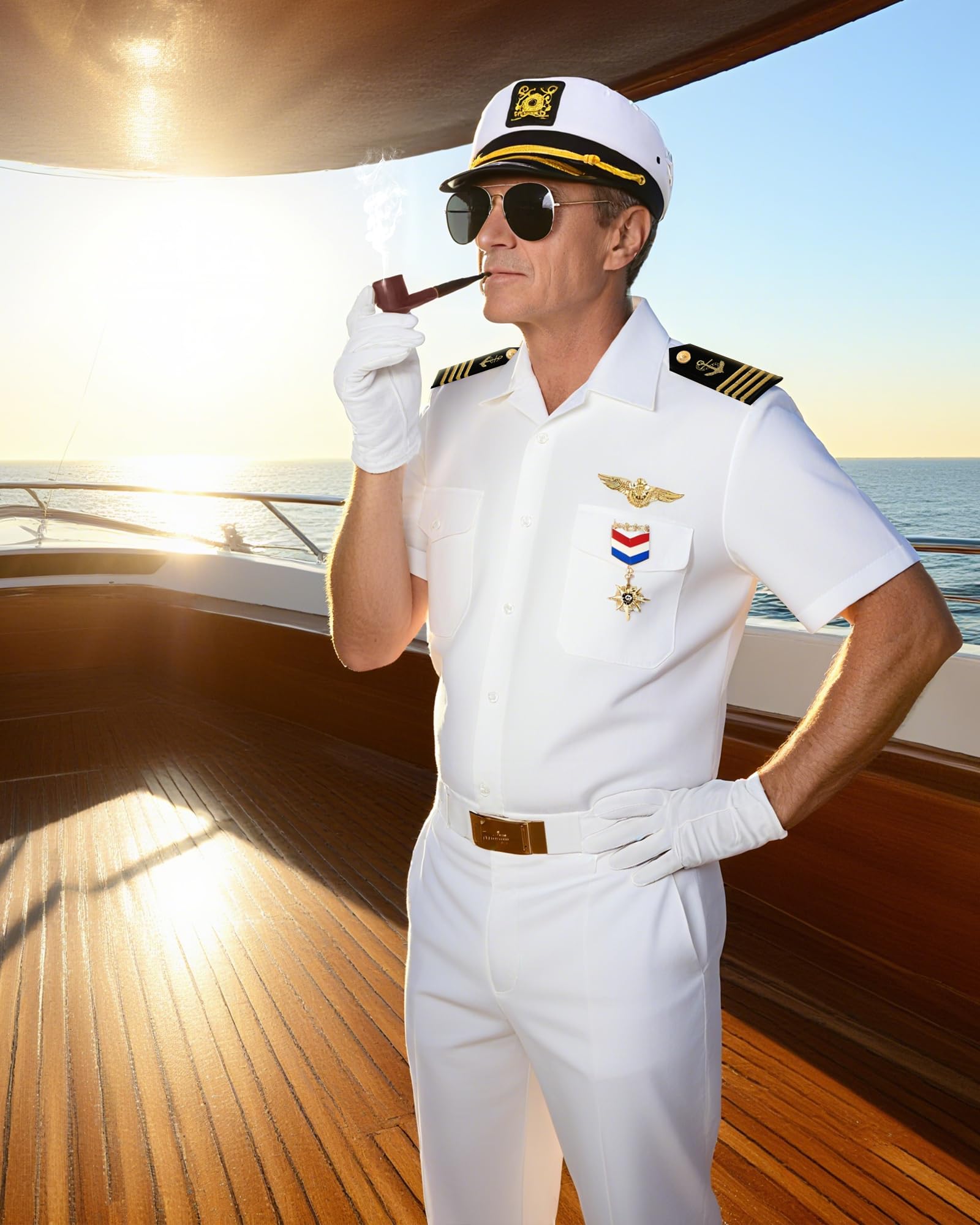 Costume da capitano dello yacht per adulti, 8 pezzi | Costume da capitano dello yacht per adulti, costume da marinaio, con cappello, camicia, spalline, guanti e accessori, 8 pezzi