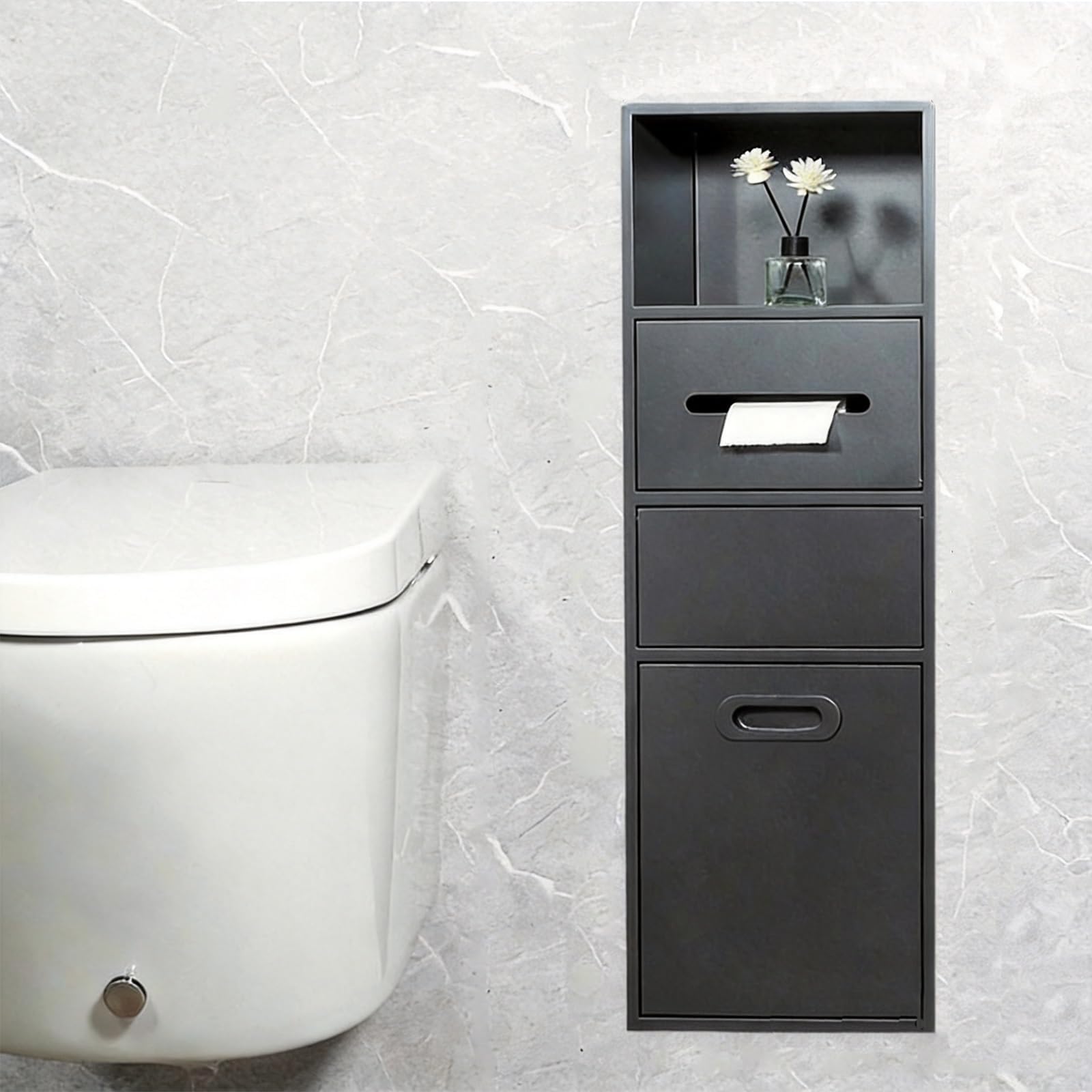 304 Stainless Steel Bathroom Trash Can Holder Cabinets, Recessed Wall Mounted Hidden Storage Alcove with Toilet Paper Holder for Bedroom Living Room Hotel(Black)