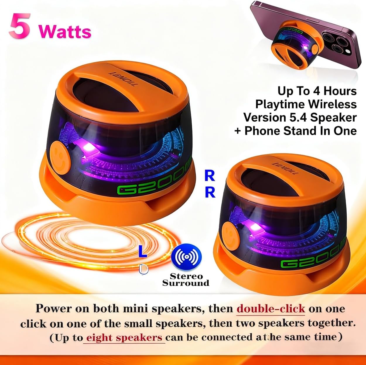 G200 Magnetic Bluetooth Speaker, Portable Wireless Mini Speaker with RGB Light Multi-Speaker Pairing,Phone Stand, for iPhone. Android, Party, Desk,Camping. 1 Orange Wireless Speaker - Image 8