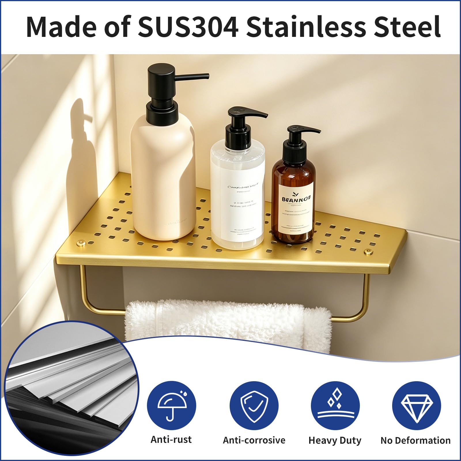 Estante de pared de acero inoxidable 304, estante de ducha sin taladrar con barra de toalla, moderno diseño flotante para baño, ducha y cocina, organizador de champú antióxido, 305 x 155 mm