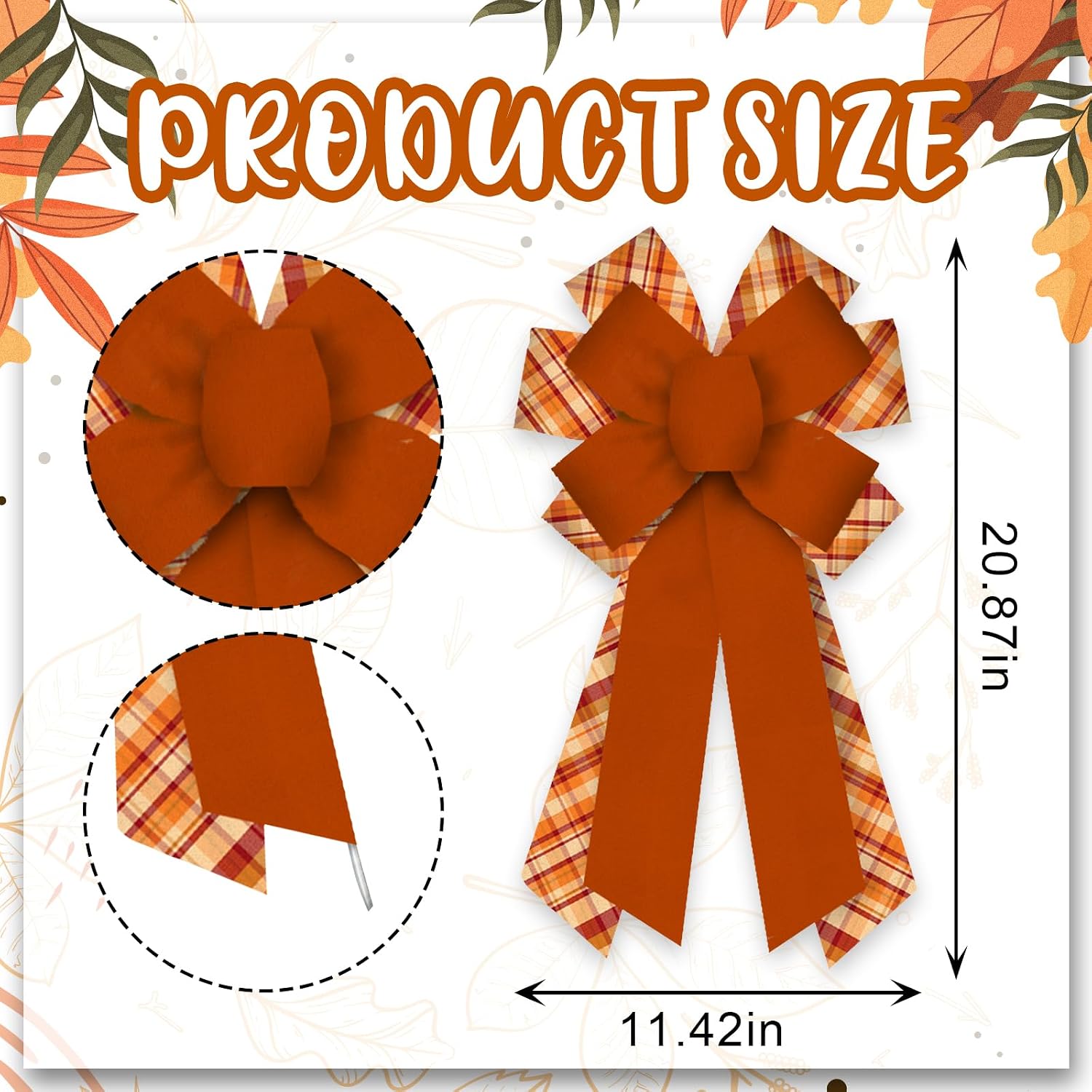 Large Fall Bow for Wreath, Autumn Wreath Bow for Front Door Orange Buffalo Plaid Ornament Bow for Thanksgiving Party Home Indoor Outdoor Wall Decoration image 2