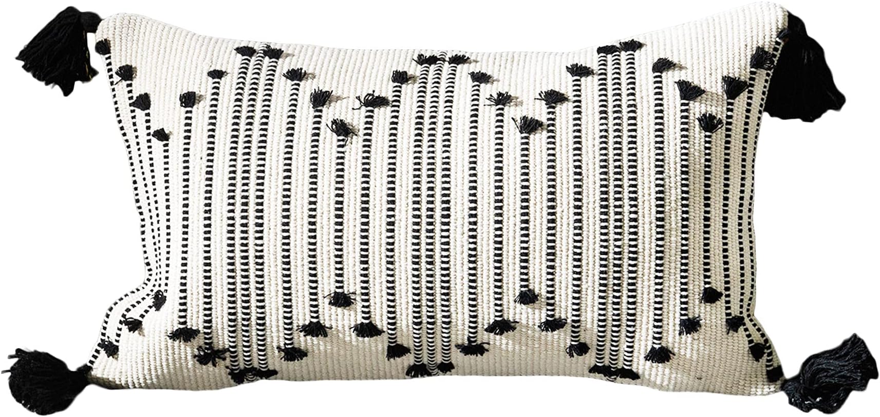 LIGICKY Boho Lumbar Pillow Covers Decorative Woven Tassel Throw Pillows Rectangle Pillow Sham Black and Off White Pillowcase for Couch Sofa Bed Car 12x20 Inch