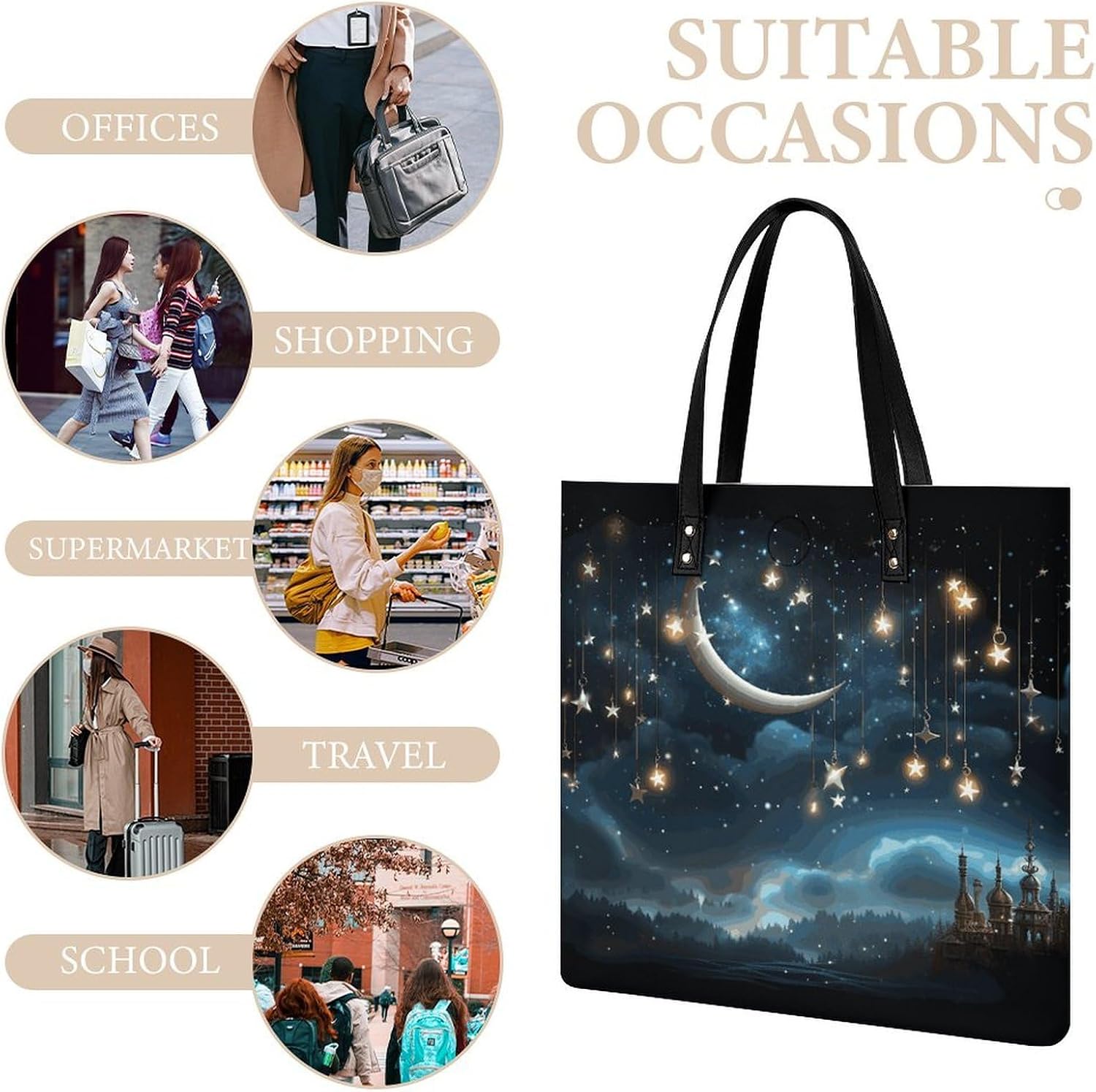 Nightsky Hanging Moon Stars Tote Bag with Magnetic Buckle Reusable Grocery Bags Lightweight Cross Body Handbag for Daily Essentials