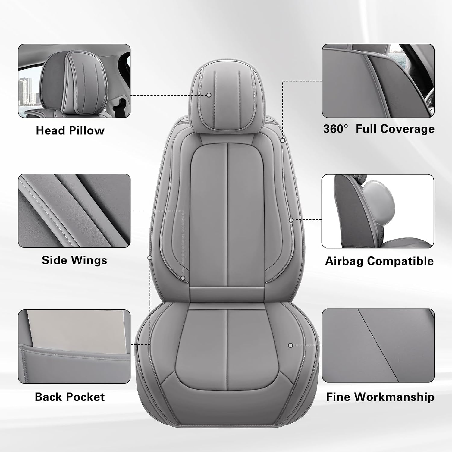 otoez Car Seat Covers Full Set, Universal Seat Cover for Car, Thickened Headrest Nappa Leather Automotive Seat Cushion Protector 5 Seat for Car Seden SUV Truck, Gray
