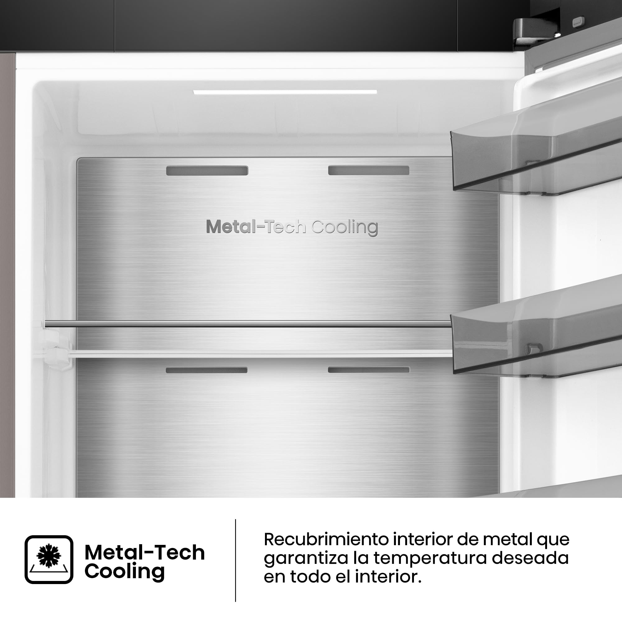 Hisense RL3K370SAIE1 - Frigorífico Una Puerta Total No Frost Kitchen Fit, 372L, 186cm, Ventilación Inferior, Apertura de Puerta 90º, Metal-Tech Cooling, Tirador de Apertura Fácil, WiFi, Inox