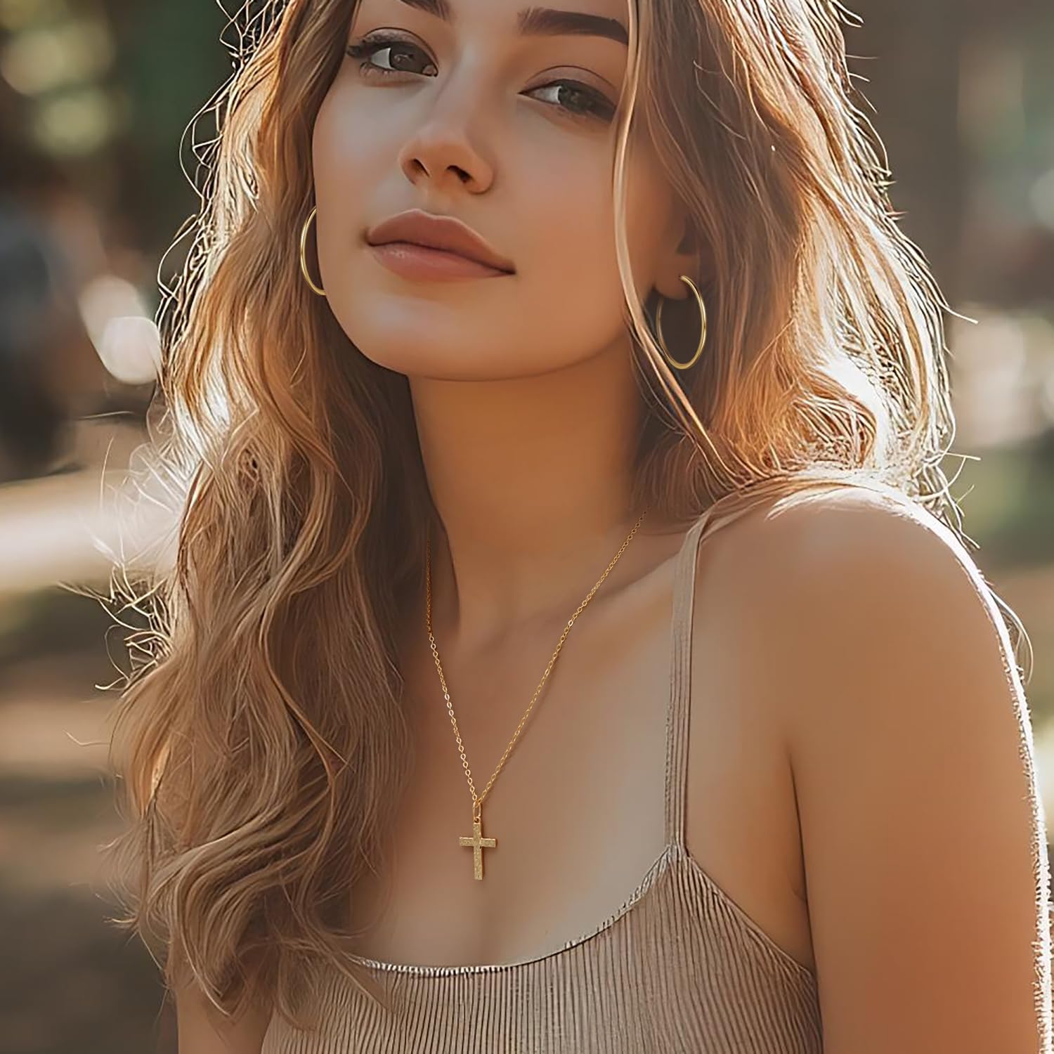 Gold Cross Necklace for Women 14K Gold Cross Necklaces for Women GoldCrosses Chain Necklaces for Womens Retro Look with Wave Point Engraving Womens Crosses Pendant Necklace for Womens 22mm - Image 3