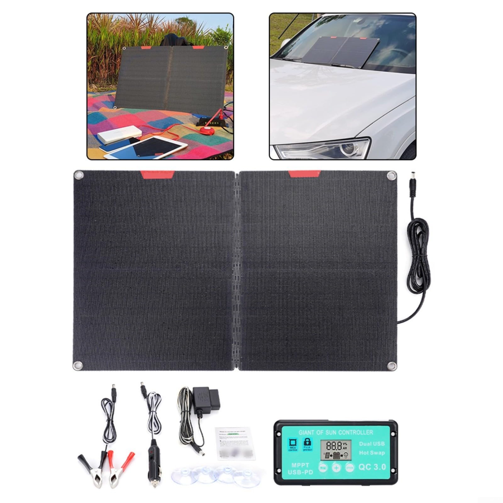 60W Faltbares Solarpanel Kit mit ETFE-Oberfläche und Laderegler, tragbarer Sonnenkollektor für Camping, für wohnmobil und Outdoor, 12V Aufladung mit Krokodilklemmen und OBD-Anschluss(D)