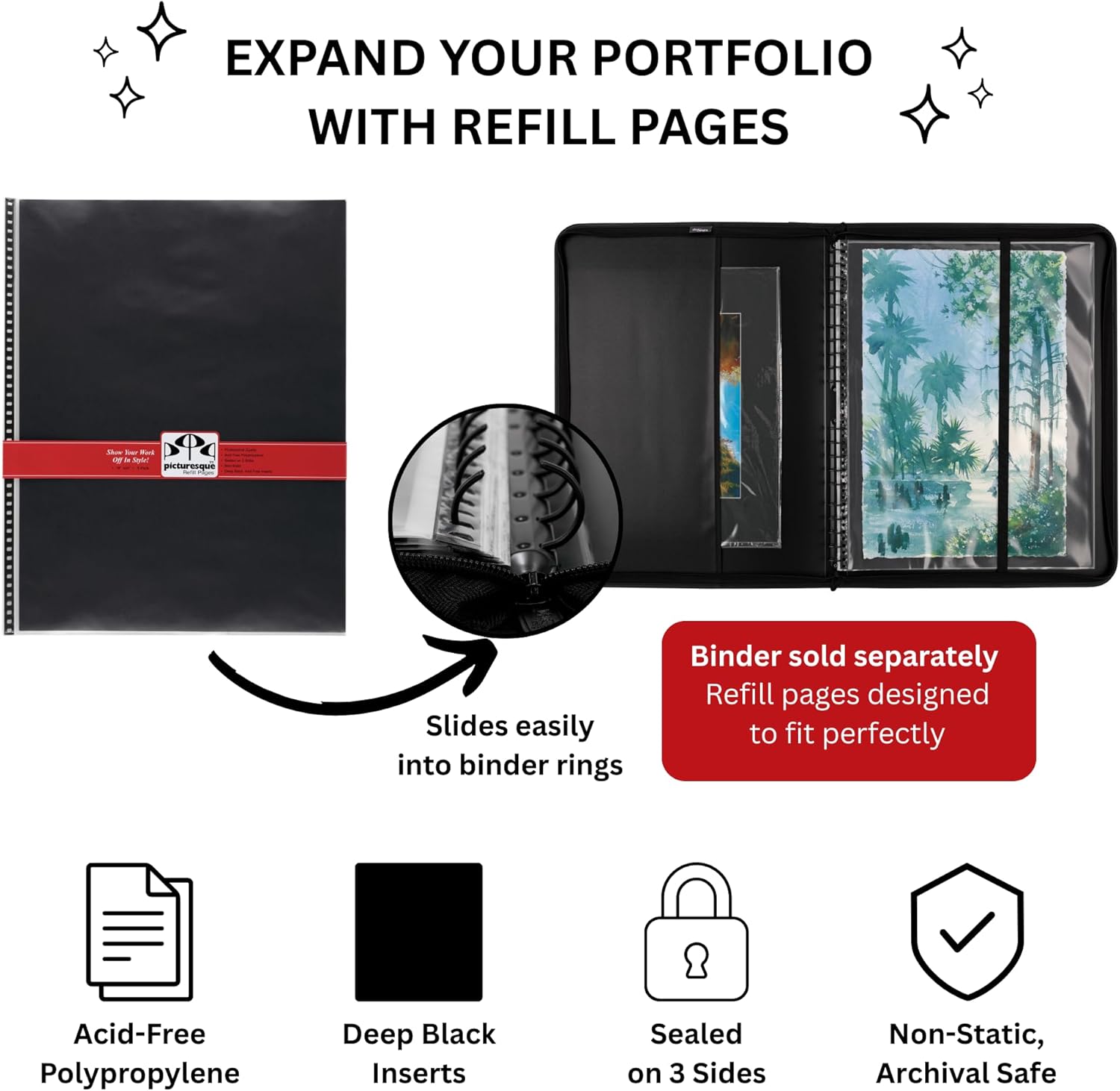 Picturesque Artist Presentation Case Refill Pages - Acid-Free Polypropylene Sleeves 80 lb. Black Divider Professional Storage Art Archival for Portraits and Artwork [18" x 24" - 5 Pack]