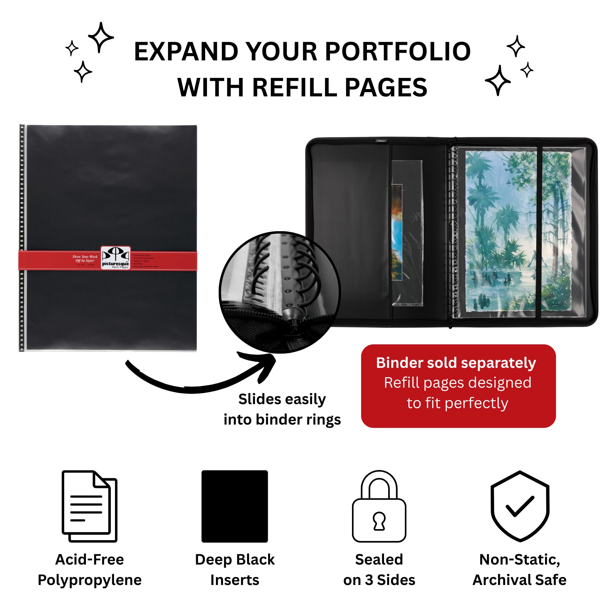Pittoresco Artist Presentation Case Refill Pages - Buste in polipropilene senza acidi 36,3 kg Divisore nero Professionale Archivio artistico per ritratti e opere d'arte [45,7 x 61 cm - Confezione da 5