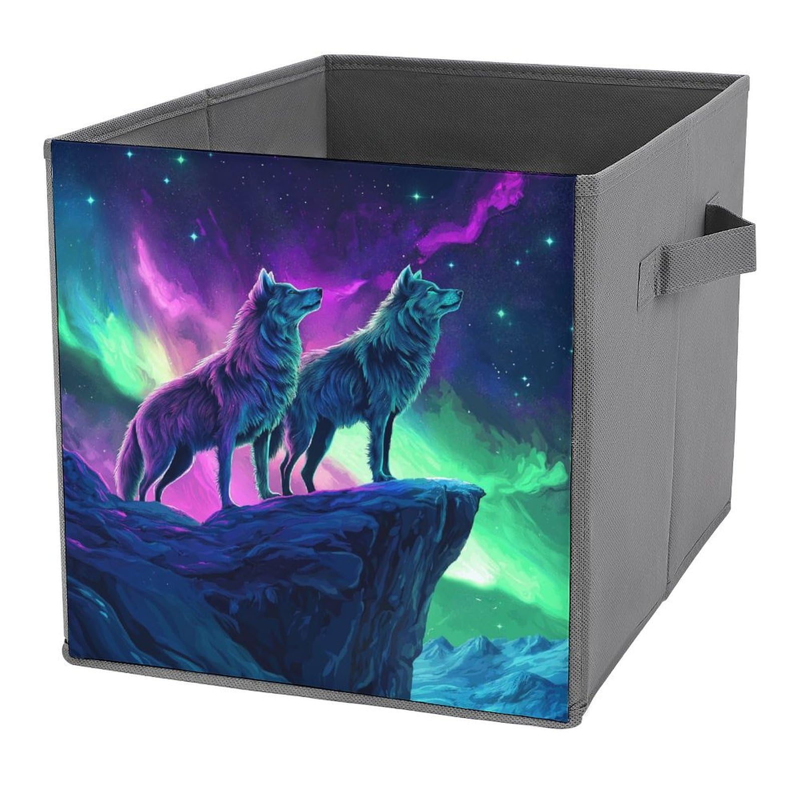 Jubonexis White Neon Colors Two Wolves On Cliff Cube Storage Bins Storage Cubes Foldable Decorative Fabric Storage Baskets Home Organizers With Handles For Shelves,Closet, 27X27 Cm