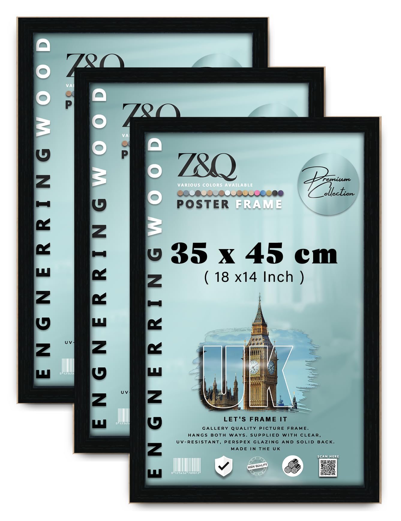 Z&Q pack of 3 Luxury MDF Photo Frame (35 x 45 CM) Classic Engineered Wood, Certificate Holder 18X14 Inch Modern Wall Art Décor, 350 x 450 mm [ Black ]